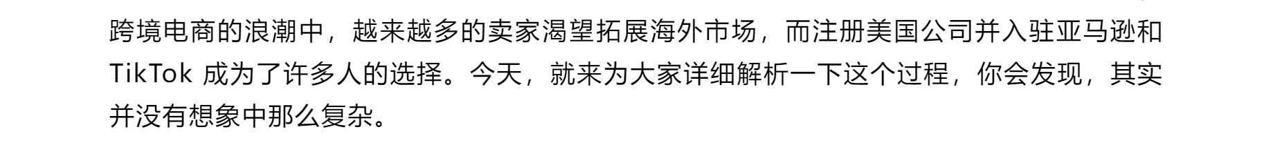 跨境电商的浪潮中，越来越多的卖家渴望拓展海外市场，而注册美国公司并入驻亚马逊和 TikTok 成为了许多人的选择。今天，就来为大家详细解析一下这个过程，你会发现，其实并没有想象中那么复杂。